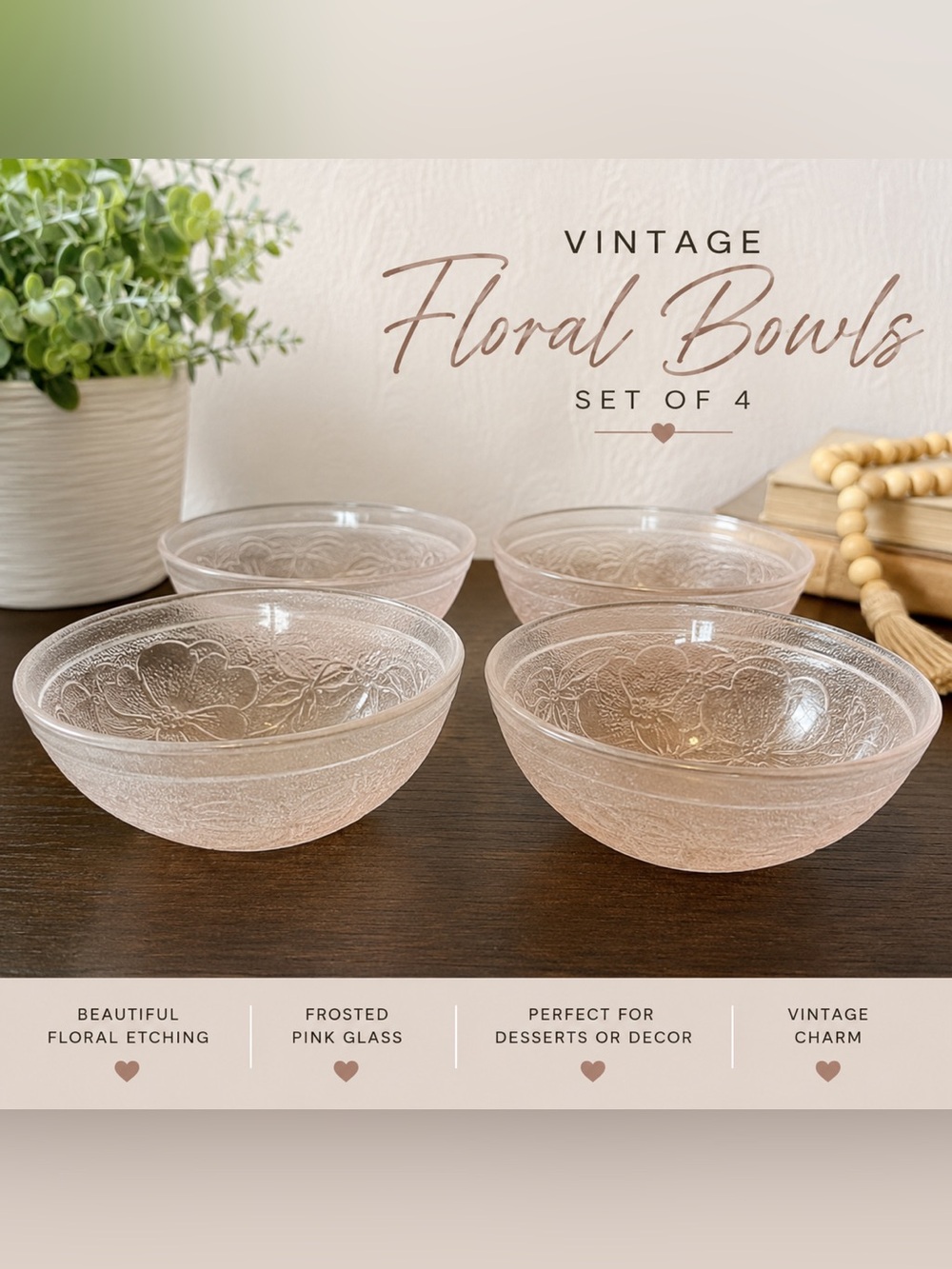 Vtg France Cafe Pink Small Fruit Dessert Bowl Frosted Depression Glass Lot of 4